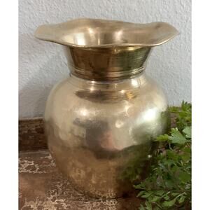 Vtg Solid Hammered Brass Bowl Planter Vase Wavy Edge 5 7/8” H 5” W Made India
